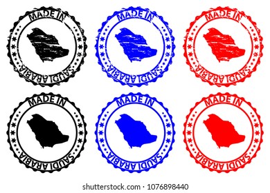 Made in Saudi Arabia - rubber stamp - vector, Saudi Arabia map pattern - black, blue and red
