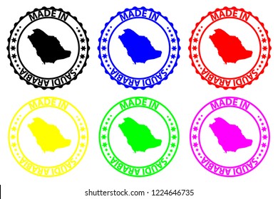 Made in Saudi Arabia - rubber stamp - vector, Saudi Arabia map pattern - black, green, yellow, purple, blue and red