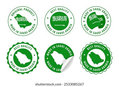 Fabricado na Arábia Saudita - conjunto de selos e adesivos com mapa e bandeira. Melhor qualidade. Produto original. Ilustração vetorial.