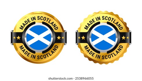 Made in Scotland icon a gold circle with a picture of a flag in the middle. For icon, logo, label, insigna, seal, tag, sign, seal, symbol, badge, stamp, sticker, emblem, banner. Vector Illustration