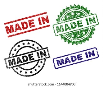 MADE IN seal prints with damaged style. Black, green,red,blue vector rubber prints of MADE IN tag with dust style. Rubber seals with circle, rectangle, medal shapes.