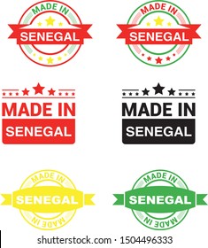 Made in Senegal collection of ribbon, label, stickers, badge, icon and page curl with Senegal flag symbol. Vector illustration isolated on white background.  Stamp with Made in Senegal text.
