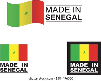 Made in Senegal collection of ribbon, label, stickers, badge, icon and page curl with Senegal flag symbol. Vector illustration isolated on white background.  Stamp with Made in Senegal text.