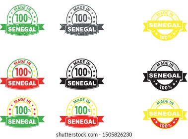 Made in Senegal collection of ribbon, label, stickers, badge, icon and page curl with Senegal flag symbol. Vector illustration isolated on white background.  Stamp with Made in Senegal text.
