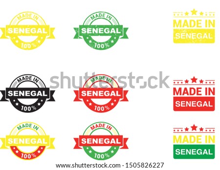 Made in Senegal collection of ribbon, label, stickers, badge, icon and page curl with Senegal flag symbol. Vector illustration isolated on white background.  Stamp with Made in Senegal text.

