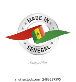 Made in Senegal. Senegal flag ribbon with circle silver ring seal stamp icon. Senegal sign label vector isolated on white background