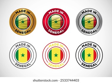 Made in Senegal label icon with flag. Icon set for business, badge, seal, sticker, logo, and symbol