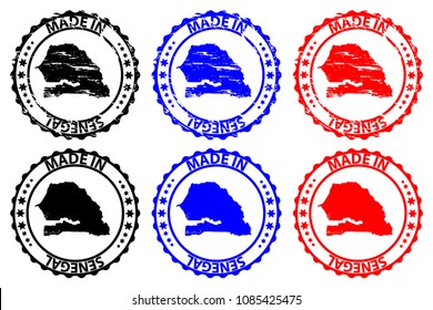 Made in Senegal - rubber stamp - vector, Senegal map pattern - black, blue and red
