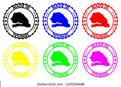 Made in Senegal - rubber stamp - vector, Senegal map pattern - black, blue, green, yellow, purple and red