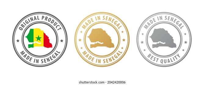 Made in Senegal - set of stamps with map and flag. Best quality. Original product. Vector illustration