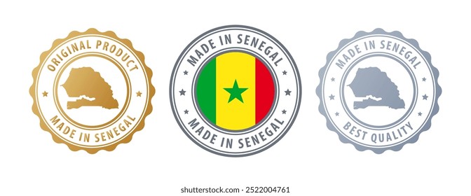 Made in Senegal - Reihe von Marken mit Karte und Flagge. Beste Qualität. Originalprodukt. Vektorgrafik