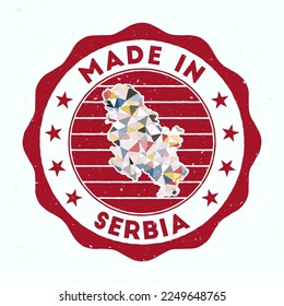 Made In Serbia. Country round stamp. Seal of Serbia with border shape. Vintage badge with circular text and stars. Vector illustration.