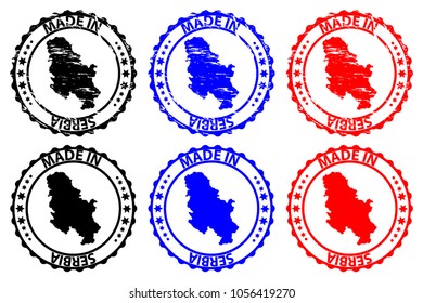Made in Serbia - rubber stamp - vector, Serbia map pattern - black, blue and red