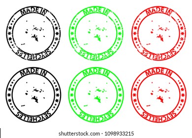 Made in Seychelles - rubber stamp - vector, Seychelles map pattern - black, green and red