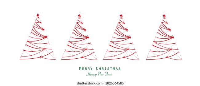 Made of shining red stars elegant Christmas tree vector illustration. Minimal design for business card. Happy new year greeting card white background