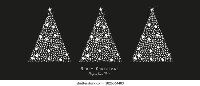 Made of shining white stars elegant Christmas tree vector illustration. Minimal design for business card. Happy new year greeting card black background
