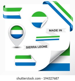 Made in Sierra Leone collection of ribbon, label, stickers, pointer, badge, icon and page curl with Sierra Leone flag symbol on design element. Vector EPS 10 illustration isolated on white background.