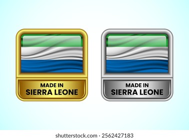 Made in Sierra Leone label icon in gold and silver color. Flag icon set for business