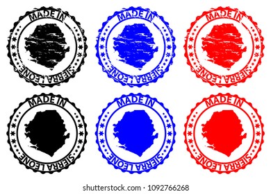 Made in Sierra Leone - rubber stamp - vector, Republic of Sierra Leone (Salone) map pattern - black, blue and red