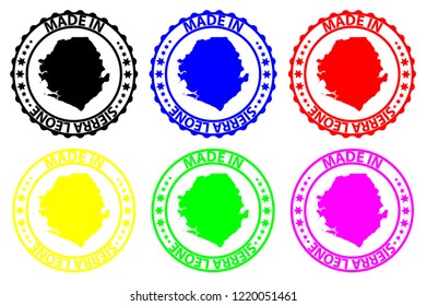 Made in Sierra Leone - rubber stamp - vector, Republic of Sierra Leone (Salone) map pattern - black, blue, green, yellow, purple and red