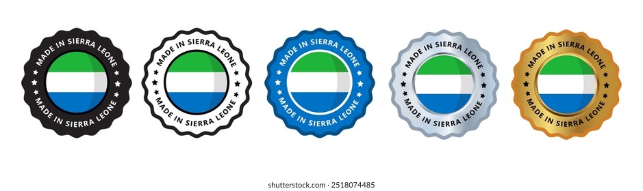 Hergestellt in Sierra Leone Satz von Zeichen Stempel Abzeichen, mit variabler Farbe grün blau, silber, gold, schwarz geeignet für Produkte hergestellt, Militär, Landwirtschaft oder Lebensmittel Vektorgrafik eps editierbaren Text