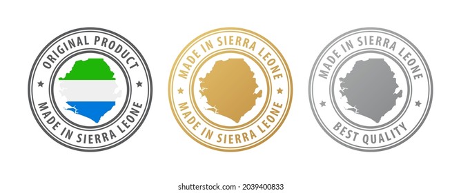 Made in Sierra Leone - set of stamps with map and flag. Best quality. Original product. Vector illustration