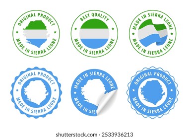 Made in Sierra Leone - set of stamps and stickers with map and flag. Best quality. Original product. Vector illustration.