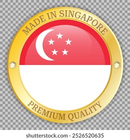 Made in Singapore gold badge. Premium quality badge on checkered background. Vector icon with shadow underneath