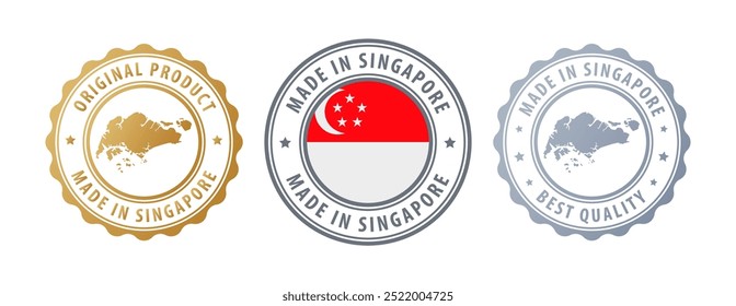 Made in Singapore - set of stamps with map and flag. Best quality. Original product. Vector illustration