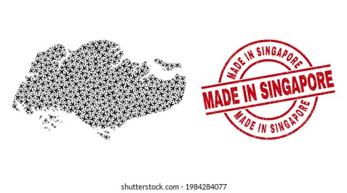 Made in Singapore textured seal, and Singapore map mosaic of air plane items. Mosaic Singapore map designed with air force symbols. Red imprint with Made in Singapore tag, and unclean rubber texture.