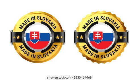 Made in Slovakia logo a gold circle with a picture of a flag in the middle. For icon, stamp, label, badge, mark, sign, symbol, etc. Modern and minimalist. Vector Illustration