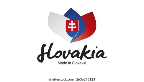 Made in Slovakia logo, sticker. Abstract Slovakia flag and ribbon in shape of leaf flower with handwritten typography lettering