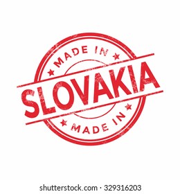 Made in Slovakia red vector graphic. Round rubber stamp isolated on white background. With vintage texture.