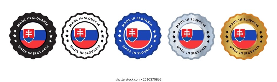 Hecho en Eslovaquia conjunto de insignia de sello de signo, con variante de color azul, plateado, dorado, negro adecuado para productos fabricados, militares, agricultura o Ilustración vectorial alimentaria eps texto editable