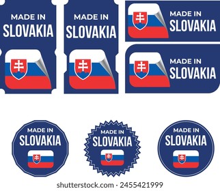 Hecho en Eslovaquia, logos de Vector con la bandera de Eslovaquia pintada con círculos y rayas