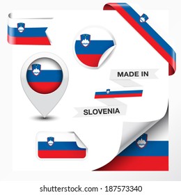 Made in Slovenia collection of ribbon, label, stickers, pointer, icon and page curl with Slovene flag symbol on design element. Vector EPS 10 illustration isolated on white background.