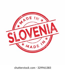 Made in Slovenia red vector graphic. Round rubber stamp isolated on white background. With vintage texture.
