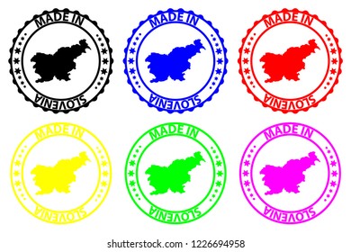 Made in Slovenia - rubber stamp - vector, Slovenia map pattern - black, blue, green, yellow, purple and red