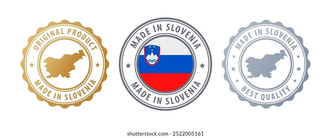 Made in Slovenia - set of stamps with map and flag. Best quality. Original product. Vector illustration