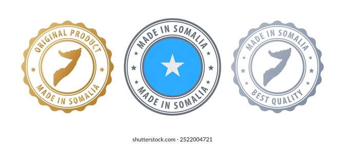 Made in Somalia - set of stamps with map and flag. Best quality. Original product. Vector illustration