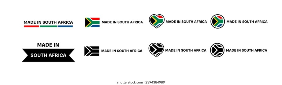 Made in South Africa flag icons. Different styles, Made in South Sudan flag in square, heart, circle icons. Vector icons
