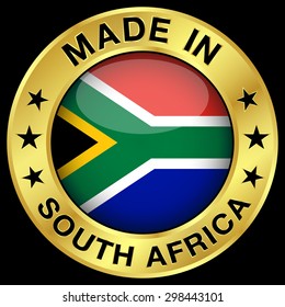 Made in South Africa gold badge and icon with central glossy South African flag symbol and stars. Vector EPS 10 illustration isolated on black background.