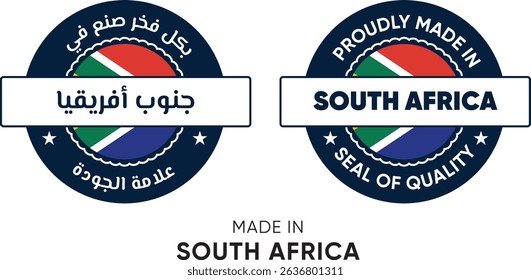 Made in South Africa. Premium labels English and Arabic, stickers, pointer, badge and symbol of South Africa flag icon. Collection vector illustration