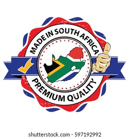 Made in South Africa, Premium Quality, Trusted Brand - grunge printable stamp, label /  sign with national flag colors an thumbs up. Print colors used