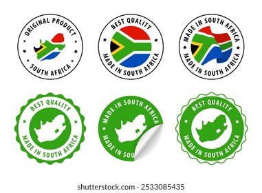 Made in South Africa - set of stamps and stickers with map and flag. Best quality. Original product. Vector illustration.