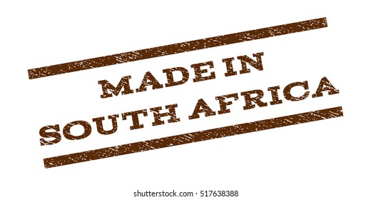 Made In South Africa watermark stamp. Text tag between parallel lines with grunge design style. Rubber seal stamp with dirty texture. Vector brown color ink imprint on a white background.