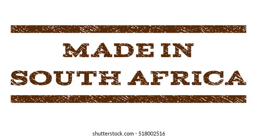 Made In South Africa watermark stamp. Text tag between horizontal parallel lines with grunge design style. Rubber seal stamp with dust texture. Vector brown color ink imprint on a white background.