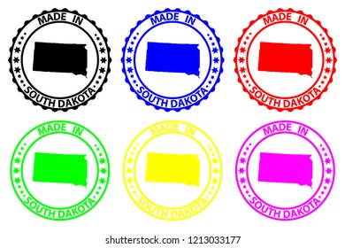 Made in South Dakota - rubber stamp - vector, South Dakota (United States of America) map pattern - black, blue, green, yellow, purple and red
