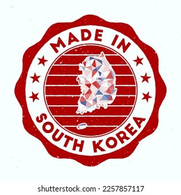 Made In South Korea. Country round stamp. Seal of South Korea with border shape. Vintage badge with circular text and stars. Vector illustration.