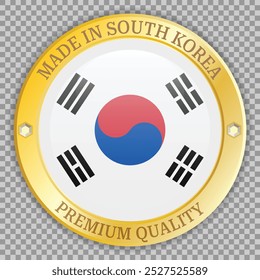 Made in South Korea gold label. Premium quality badge on checkered background. Vector icon with shadow underneath